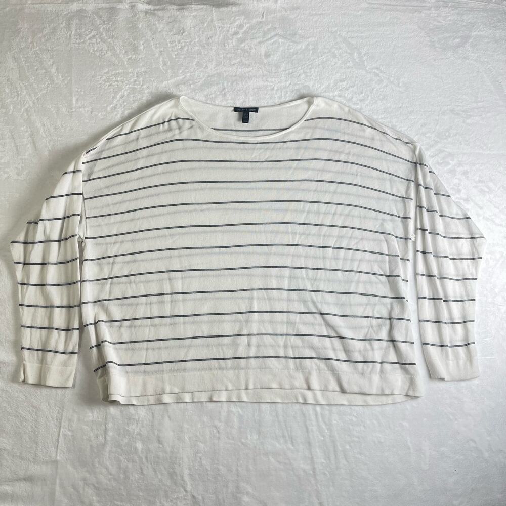 Eileen Fisher Striped Top Women M White‎ Blue 3/4 Sleeve Tencel  minimalist